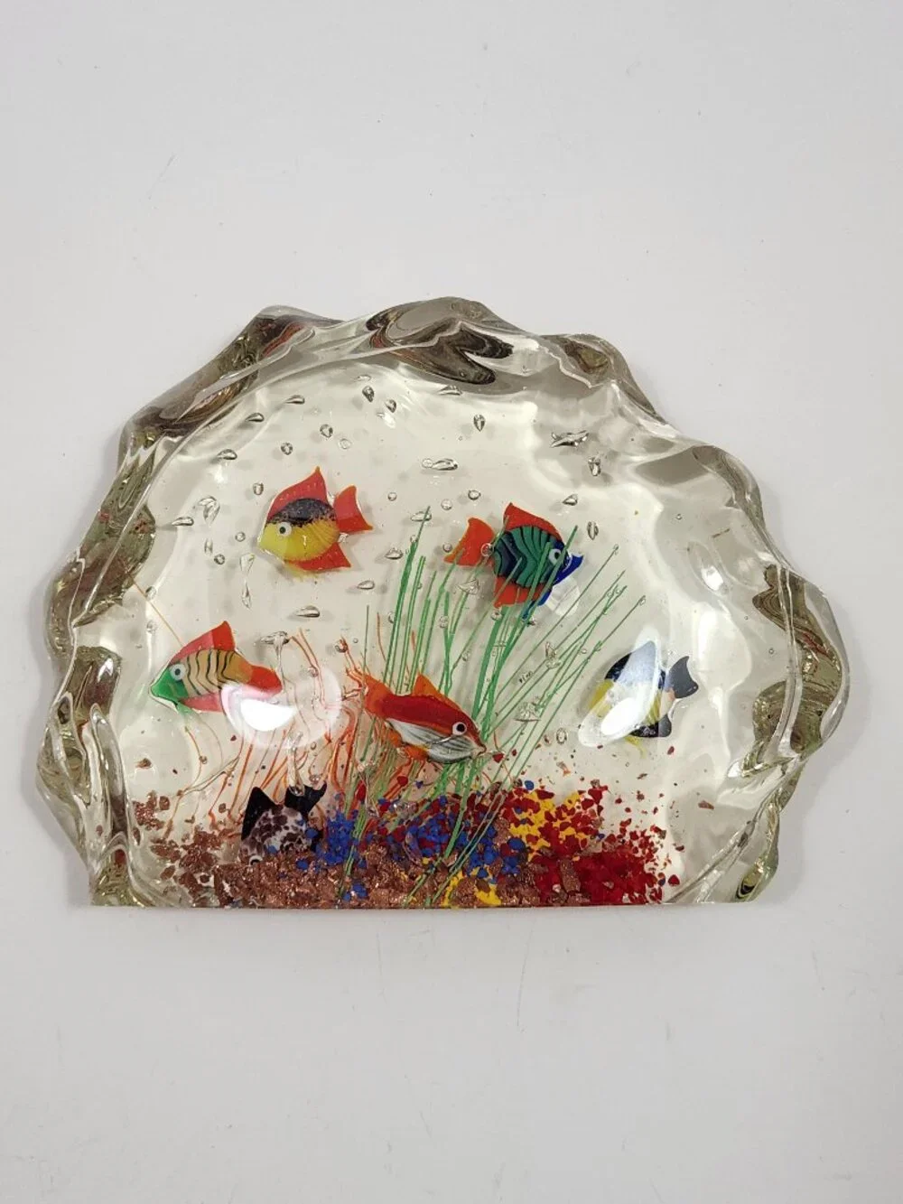 Vintage Signed Murano Glass Aquarium 6-Fish Sculpture Wave Molded Label #7726